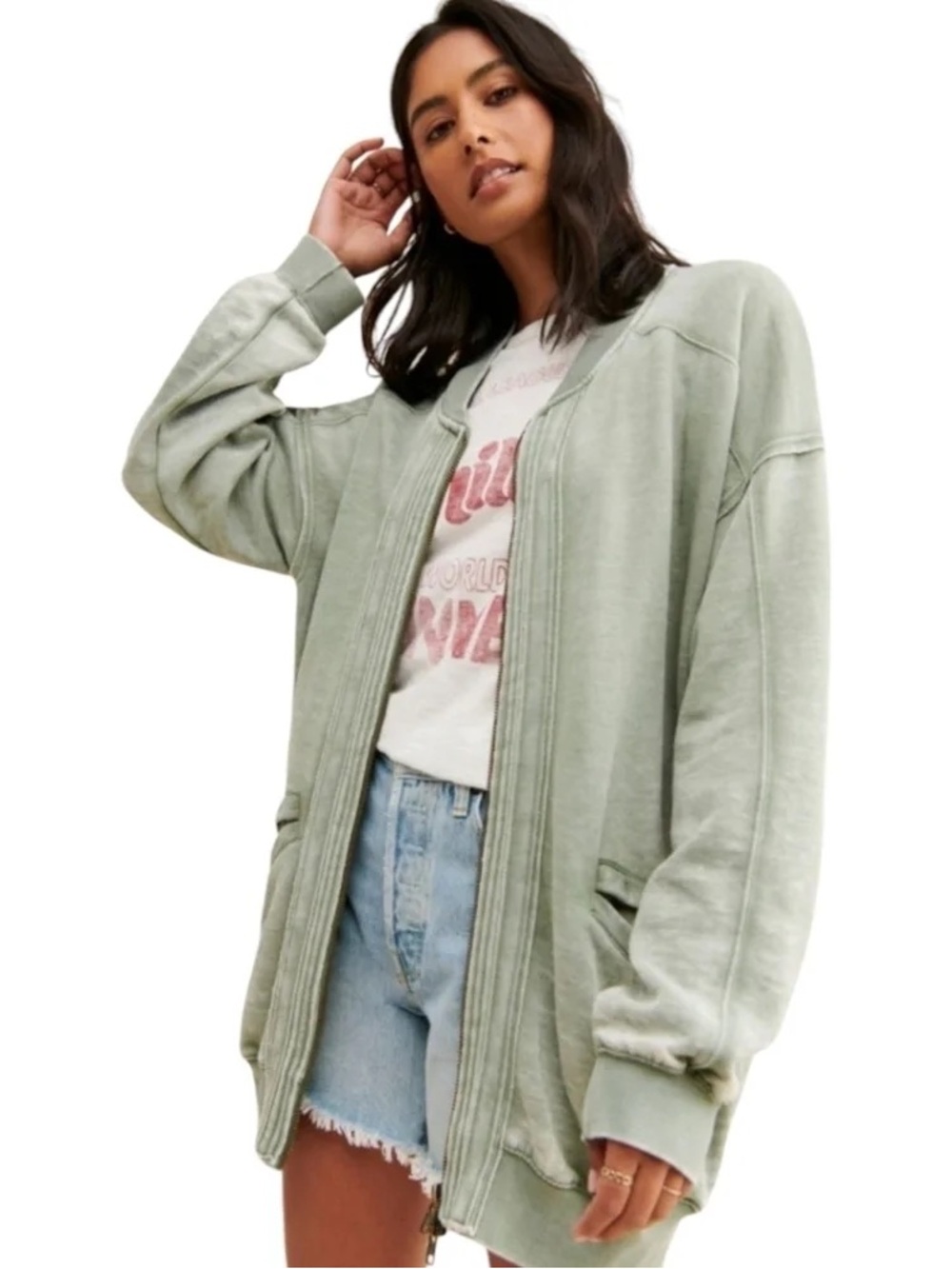 Free People Robby Bomber Jacket Relaxed Open-Front Sage Green